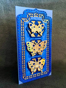 Gold Bejeweled Butterfly Trio Blue Mini Slimline Blank Card