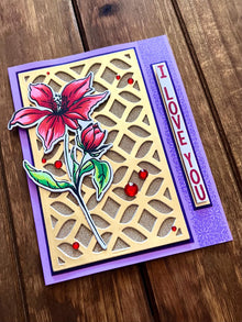 Single Red Flower on Gold Decorative Cutout Panel I Love You Card