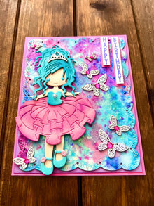 Blue Haired Princess and Butterflies Happy Birthday Card