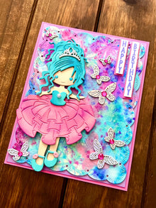 Blue Haired Princess and Butterflies Happy Birthday Card