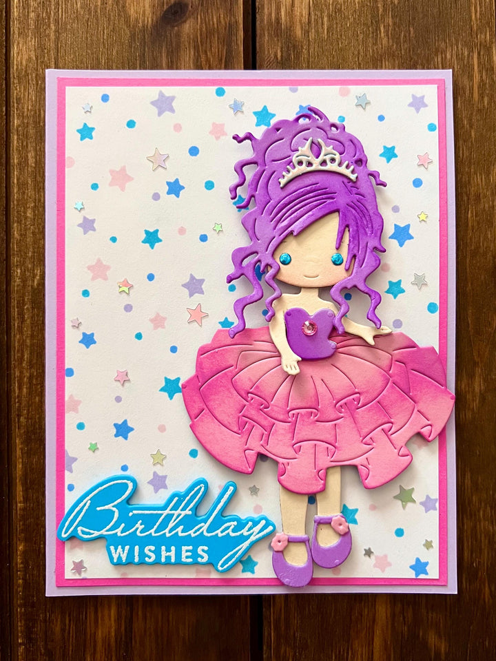 Purple Hair Princess Birthday Card Star Background, Handmade Magical Greeting Card, Unique Royalty Note Card for Girls, Daughter Gift
