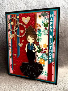 Black Evening Gown Girl on Floral Background Happy Birthday Card