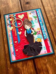 Black Evening Gown Girl on Floral Background Happy Birthday Card