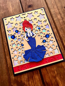 Blue Glitter Evening Gown Girl on Gold Star Cutout Background Blank Card