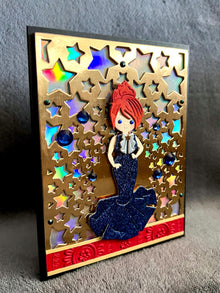 Blue Glitter Evening Gown Girl on Gold Star Cutout Background Blank Card