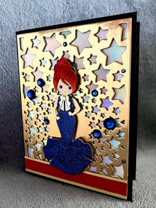 Blue Glitter Evening Gown Girl on Gold Star Cutout Background Blank Card