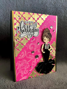 Black Evening Gown Girl on Pink Background with Gold Diecut Cross Shaped Patterns Happy Birthday Card