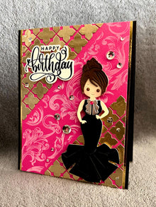 Black Evening Gown Girl on Pink Background with Gold Diecut Cross Shaped Patterns Happy Birthday Card