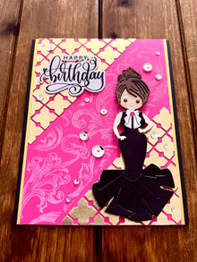 Black Evening Gown Girl on Pink Background with Gold Diecut Cross Shaped Patterns Happy Birthday Card
