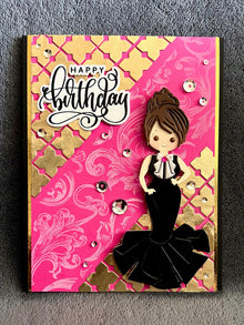 Black Evening Gown Girl on Pink Background with Gold Diecut Cross Shaped Patterns Happy Birthday Card