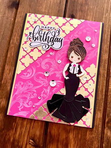 Black Evening Gown Girl on Pink Background with Gold Diecut Cross Shaped Patterns Happy Birthday Card