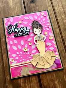 Gold Evening Gown Girl on Pink Background with White Glitter Pointed Oval Patterns Happy Birthday Card