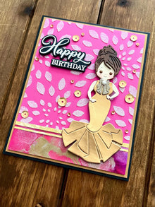 Gold Evening Gown Girl on Pink Background with White Glitter Pointed Oval Patterns Happy Birthday Card