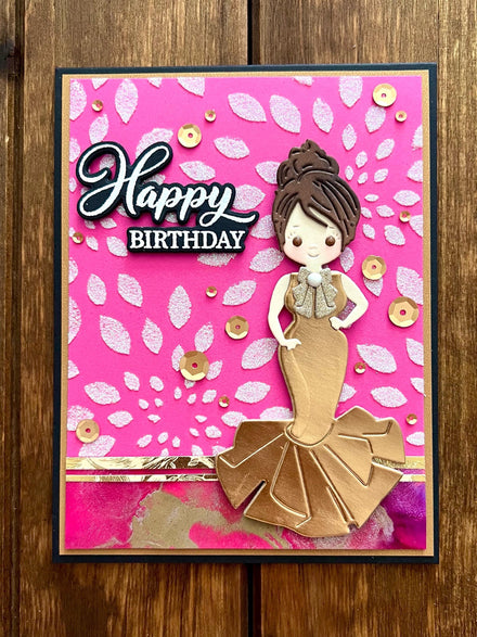 Gold Evening Gown Girl on Pink Background with White Glitter Pointed Oval Patterns Happy Birthday Card