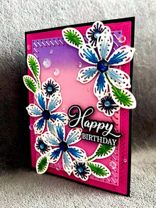 Hand Stitched Blue Flowers Happy Birthday Card