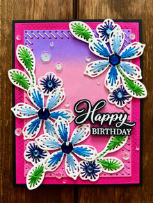Hand Stitched Blue Flowers Happy Birthday Card