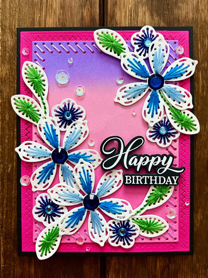 Hand Stitched Blue Flowers Happy Birthday Card