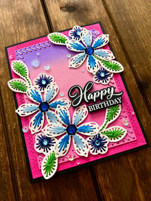 Hand Stitched Blue Flowers Happy Birthday Card