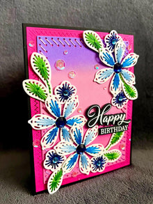 Hand Stitched Blue Flowers Happy Birthday Card