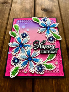 Hand Stitched Blue Flowers Happy Birthday Card