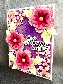 Fancy Stylized Pink Floral Trio Happy Birthday Card