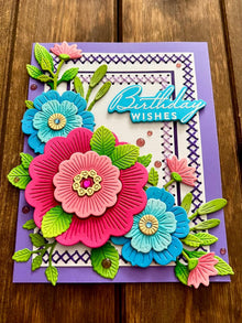 Folky Florals with Stitched Borders Birthday Wishes Card