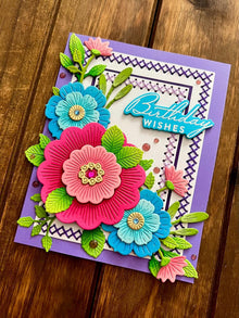 Folky Florals with Stitched Borders Birthday Wishes Card