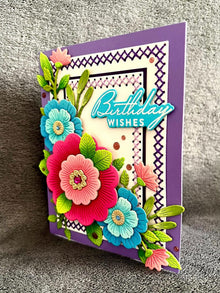 Folky Florals with Stitched Borders Birthday Wishes Card
