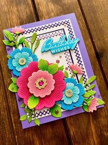Folky Florals with Stitched Borders Birthday Wishes Card