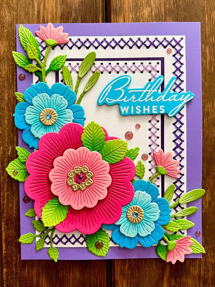 Folky Florals with Stitched Borders Birthday Wishes Card