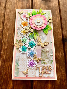 Vintage Flower, Butterflies and Stitched Rainbow Strip Flowers Mini Slimline For You Card
