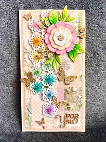Vintage Flower, Butterflies and Stitched Rainbow Strip Flowers Mini Slimline For You Card