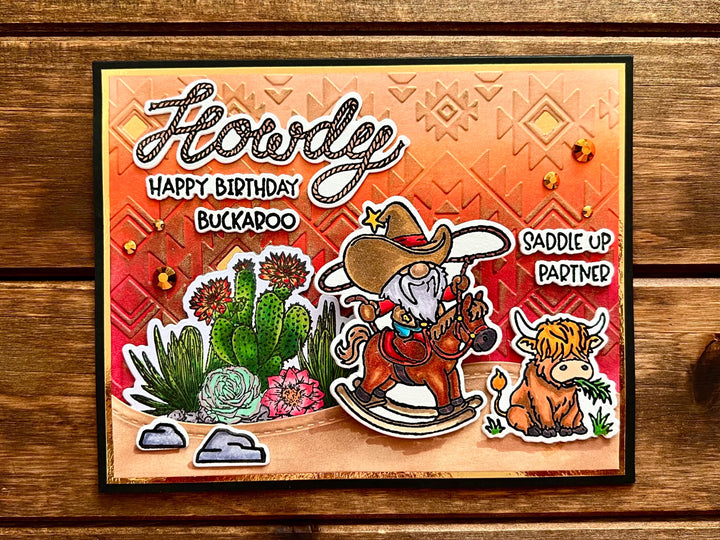 Shaking Cowboy Gnome with Bull Cactus Scene Howdy Happy Birthday Buckaroo Card