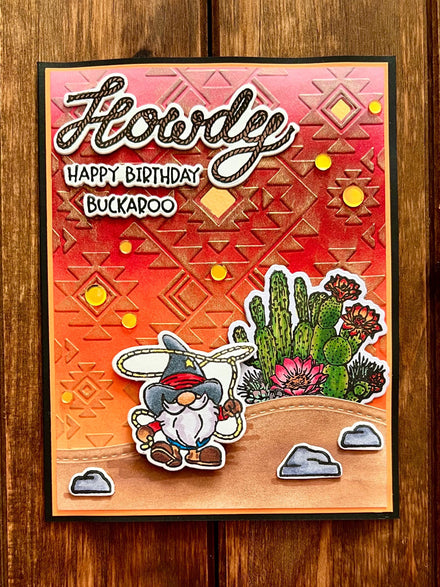 Lassoing Cowboy Gnome and Cactus Scene Howdy Happy Birthday Buckaroo Card