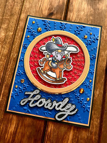 Cowboy Gnome on Rocking Horse Embossed Star Background Howdy Card