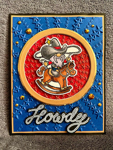 Cowboy Gnome on Rocking Horse Embossed Star Background Howdy Card