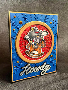 Cowboy Gnome on Rocking Horse Embossed Star Background Howdy Card