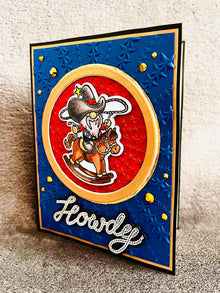 Cowboy Gnome on Rocking Horse Embossed Star Background Howdy Card