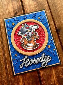 Cowboy Gnome on Rocking Horse Embossed Star Background Howdy Card