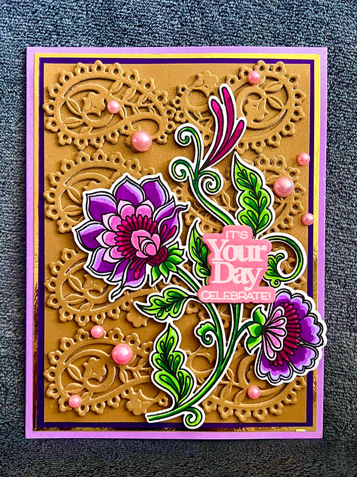 Folk Style Flower Vine with Paisley Background It’s Your Day Celebrate Card
