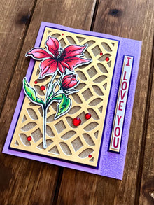 Single Red Flower on Gold Decorative Cutout Panel I Love You Card