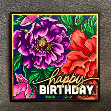 Large Purple, Red and Pink Floral Blooms Happy Birthday Card