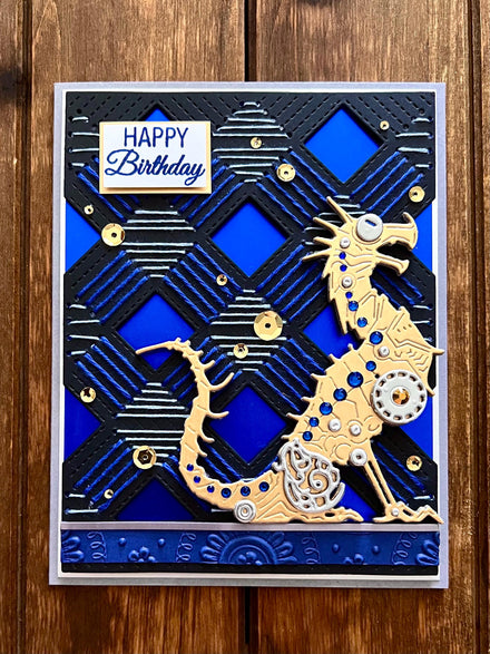 Mechanical Dragon with Gold and Sapphire Gems Stitched Background Happy Birthday Card