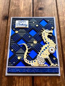 Mechanical Dragon with Gold and Sapphire Gems Stitched Background Happy Birthday Card