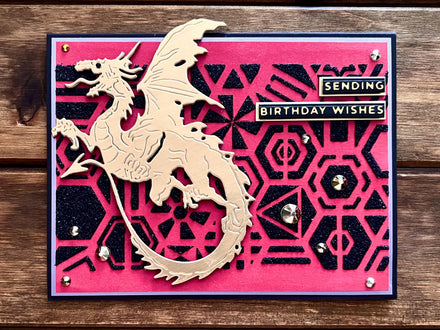 Gold Dragon Black Glitter Geometric Print Background Sending Birthday Wishes Card