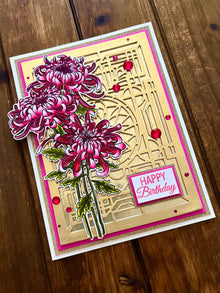 Pink Chrysanthemum Trio and Golden Art Deco Style Wall Birthday Card
