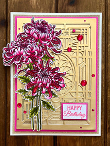 Pink Chrysanthemum Trio and Golden Art Deco Style Wall Birthday Card