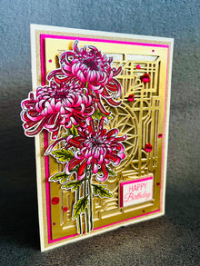 Pink Chrysanthemum Trio and Golden Art Deco Style Wall Birthday Card