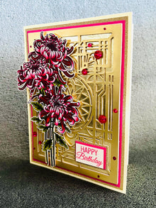 Pink Chrysanthemum Trio and Golden Art Deco Style Wall Birthday Card