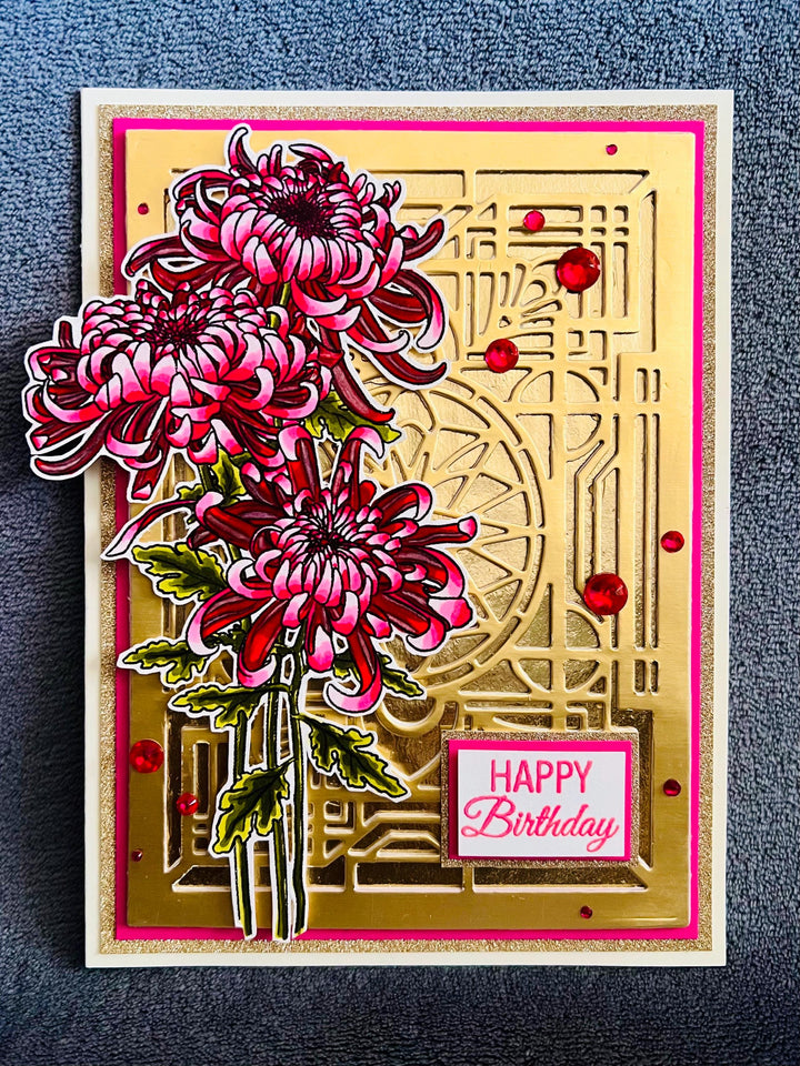Pink Chrysanthemum Trio and Golden Art Deco Style Wall Birthday Card